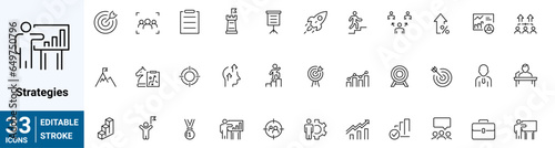 Business Strategy web icons in line style. Strategy, startup, teamwork, people, plan, payment, management, target, employee, infographic. Icon collection. Vector illustration.