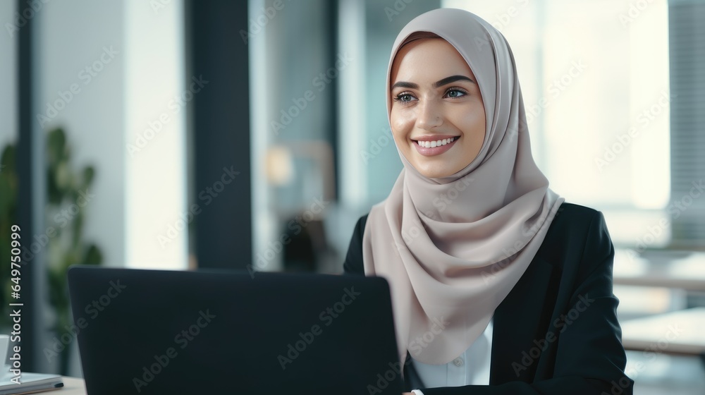Young Muslim woman wearing a hijab is working on a laptop in the office Young Muslim woman wearing a hijab is working on a laptop in the office