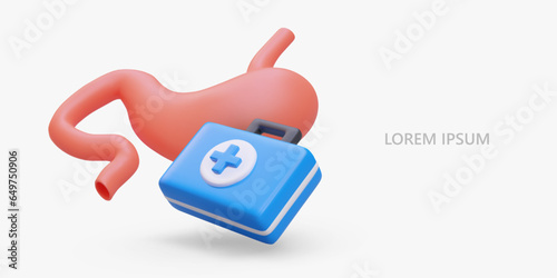 Realistic stomach, blue first aid kit. Stomachache, pain reliever, stomach medicine, aid in digestion. Color concept in cartoon style. Concept for pharmacy, pharmaceutical business