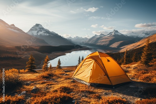 Camping in a yellow tent, holding a cup, with a stunning Lake view,Generated with AI