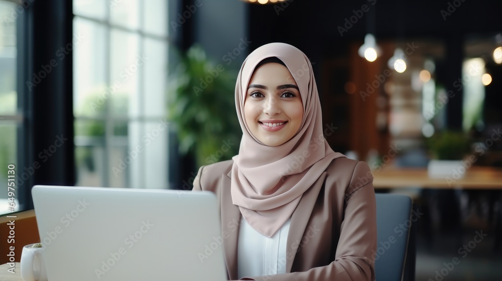 Young Muslim woman wearing a hijab is working on a laptop in the office Young Muslim woman wearing a hijab is working on a laptop in the office