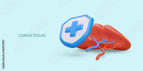 3d realistic internal organ spleen and medical shield with cross. Health protection. Healthy spleen concept. Vector illustration with blue background and place for text photo