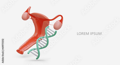 3D female internal organs, DNA spiral. Analyzes. Bacterial DNA detection, complex HPV genotyping. Paternity test. Non invasive prenatal test. Template with place for text