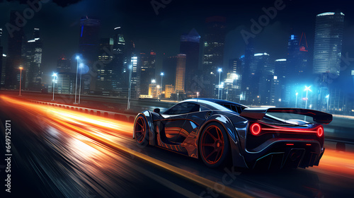 A Sports Car On A Road With Lights And City Skyline In The Background