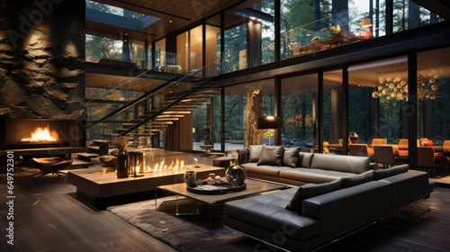 Modern living room with fireplace, forest view at dusk, leather sofa, and wooden coffee table.