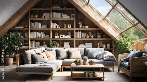 Corner sofa against shelving unit, scandinavian home interior design of modern living room in attic in farmhouse. © Vahid