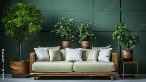 Cozy wooden sofa with white cushions near dark green wall. Side table with house plant and potted tree. Scandinavian interior design of modern stylish living room. 