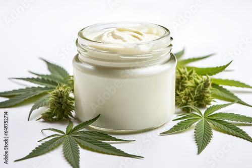 Trendy Natural Cosmetic and Beauty Product
for Body and Face Care with Hemp leaf extract
Jar of Face Cream and Hemp Marijuana Leaves
on a white marble background.