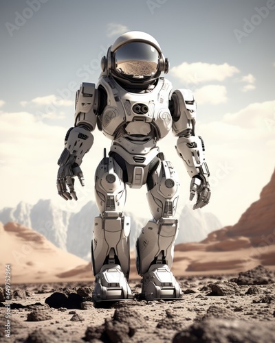 A futuristic robot in space clothes standing on the surface of Mars. Space, Mars, the future, exploration, science