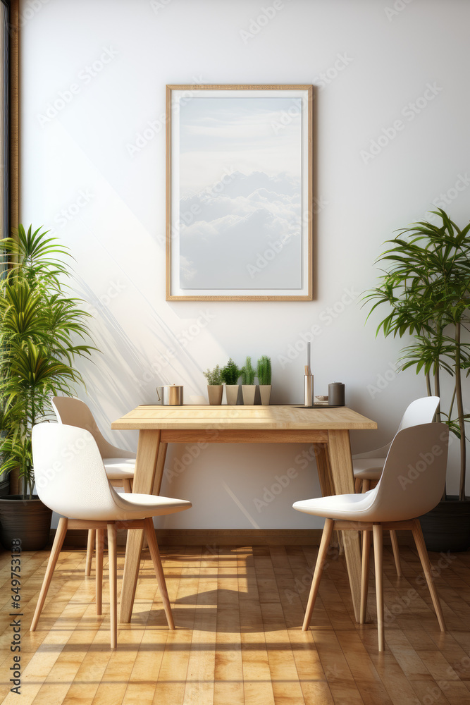 Fototapeta premium Home workplace, wooden chair and desk near white wall with poster. Interior design of modern living room