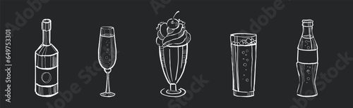 Drink and Beverage in Sketch Style Drawn with Chalk on Black Background Vector Set