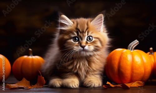 Cute ginger kitten and pumpkins on dark wooden background. © Виктория Дутко