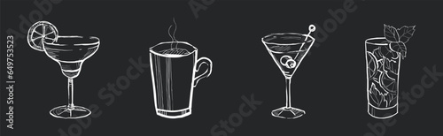 Drink and Beverage in Sketch Style Drawn with Chalk on Black Background Vector Set