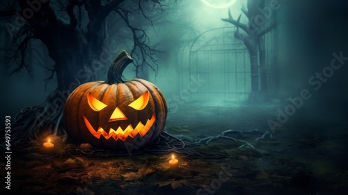 A mysterious and spooky misty halloween evening background with a glowing Jack O Lantern pumpkin