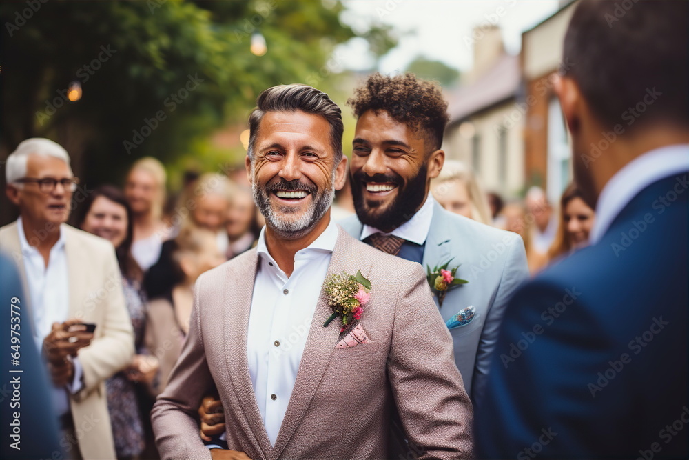 Men lgbt couple in suits with boutonniere getting married among friends. LGBT marriage concept. AI generated Men lgbt couple in suits with boutonniere getting married among friends. LGBT marriage concept. AI generated