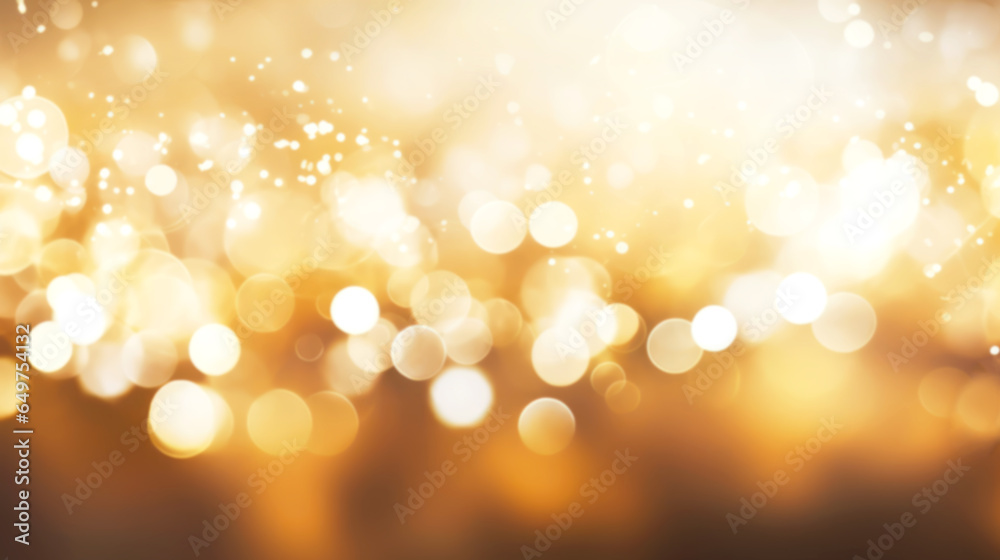 Fototapeta premium Sparkling Background with Bokeh made of Elegant Gold Christmas Lights. Texture of Blurred backdrop for Christmas and New Year holidays and parties and greeting card. Trendy Background with lights boke