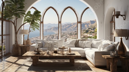 Interior of elegant modern living room in luxury villa. Stylish cushioned furniture, wooden coffee table, houseplants, arch windows overlooking beautiful landscape. Hollywood glamor in home design.