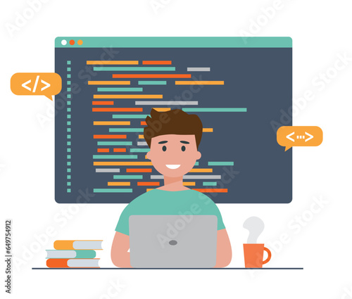 Programmer, engineer with laptop and writing code at computer, creates software