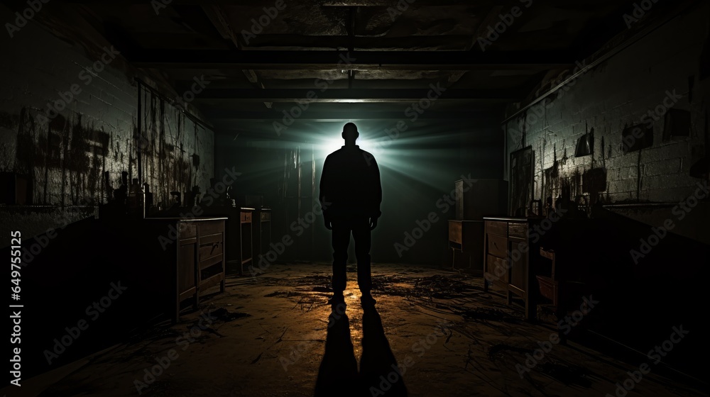 Creepy silhouette in the dark abandoned building. Horror about maniac concept or Dark corridor with cabinet doors and lights with silhouette of spooky horror person standing with different poses