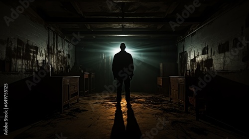 Creepy silhouette in the dark abandoned building. Horror about maniac concept or Dark corridor with cabinet doors and lights with silhouette of spooky horror person standing with different poses