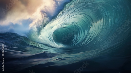  a painting of a wave in the ocean with a sky background. generative ai