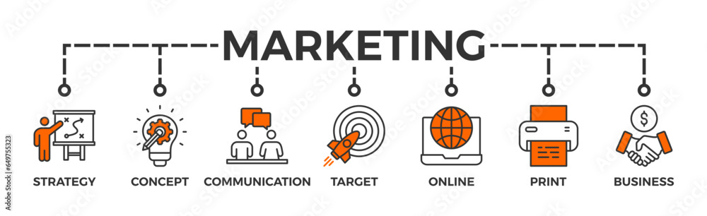 Marketing banner web icon vector illustration concept with icon of strategy, concept, communication, target group, online, print and business