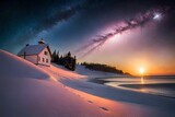 winter landscape with houses  in sunset