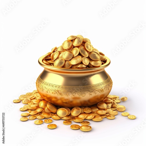 kalash and gold coins for Indian festival Akshya Tritiya, Generative ai photo