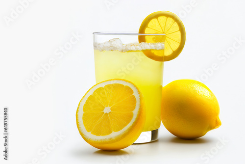 Glass with cocktail with lemon on white background with shadow. Lemonade drink. Front view. Copy space.