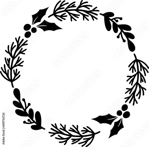 Winter round wreath with leaves, Christmas circle wreath silhouette, Xmas decor, Winter home decor sign plotter lazer file, Xmas gift label tag