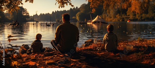 Multigenerational family camping by a lake, with a young boy and grandpa fishing in the middle, side view,Generated with AI
