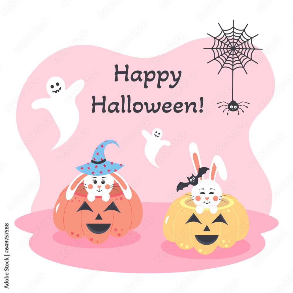 Cute bunnies sitting in pumpkins. Happy Halloween card. Halloween rabbits with spider, web, bat, ghosts in pastel colors on pink background.
