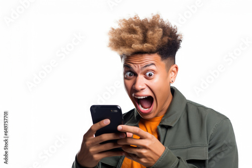 Fotografia de um homem mexendo no smartphone e tendo reações de susto e surpresa, imagem dedicada para marketing digital e publicidade.