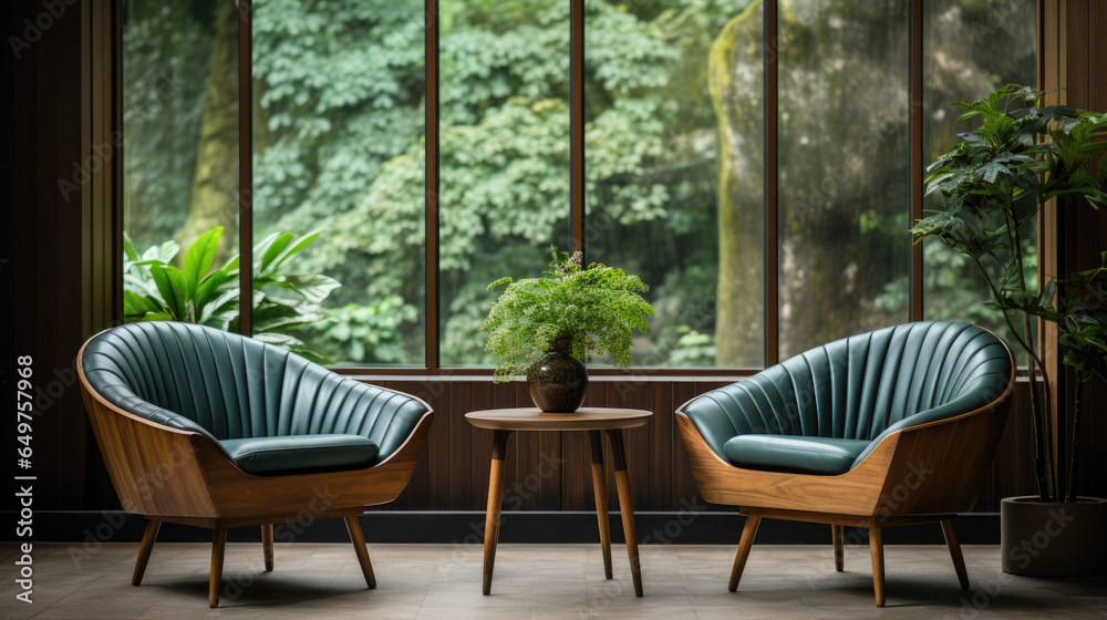 Fototapeta premium living room with barrel chairs and forest view