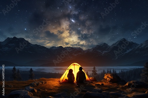 Adventurous Tourists Under Starry Sky tourist with flashlight stands near glowing yellow tent,Generated with AI