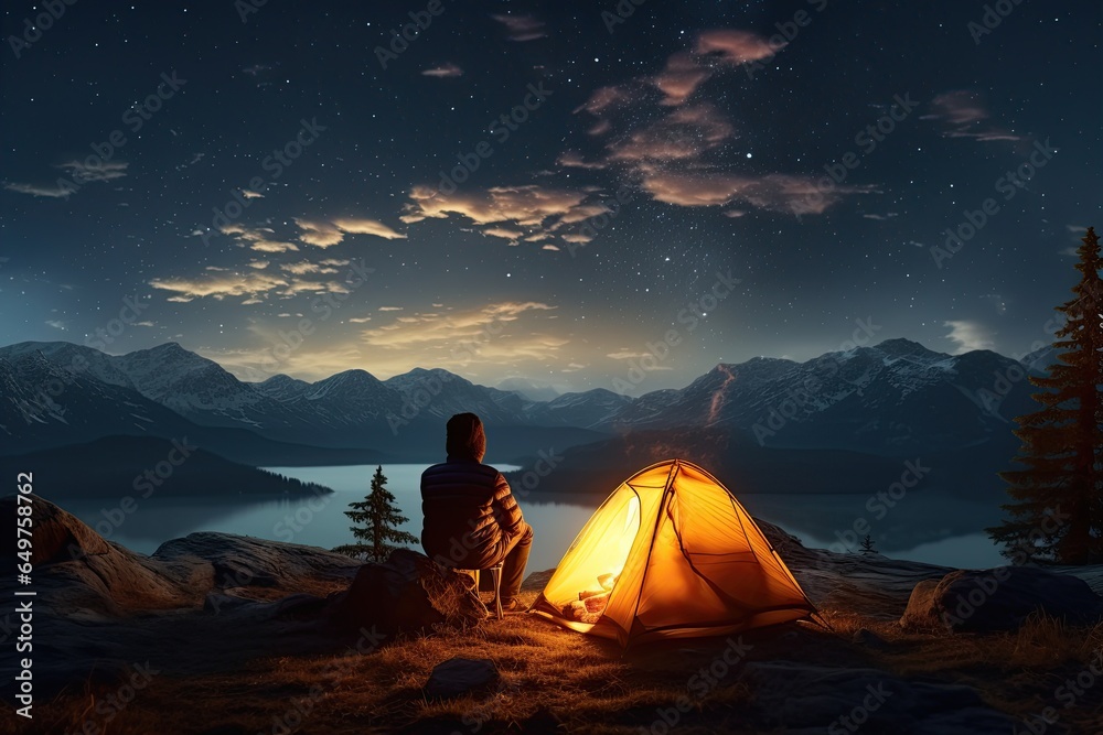 Adventurous Tourists Under Starry Sky tourist with flashlight stands near glowing yellow tent,Generated with AI