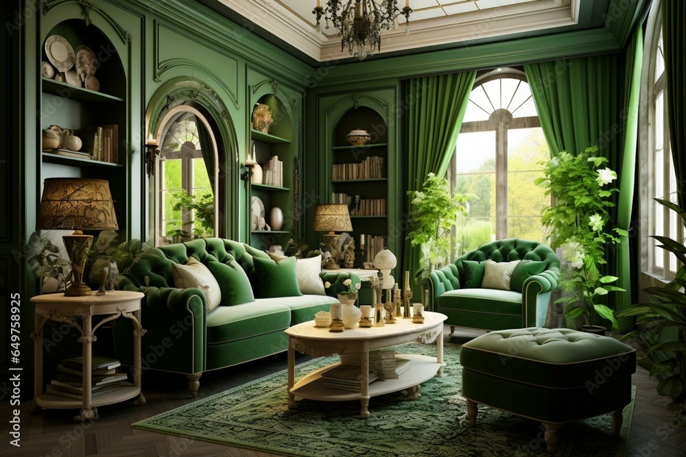 interior design with a green living room. Generative AI