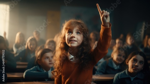 girl raising her hand for an answer in a classroom