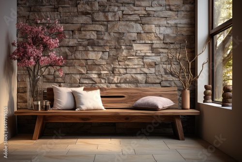 Modern Living Room with Stone Wall and Wooden Bench