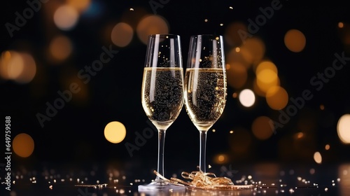 Two glasses of champagne with confetti, glitter, serpentine and lights new year celebration