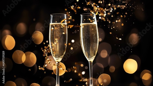 Two glasses of champagne with confetti, glitter, serpentine and lights new year celebration