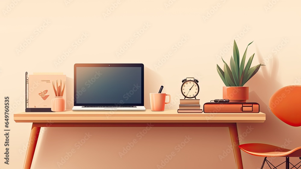 Minimalist web designer desk flat illustration - Generative AI. Minimalist web designer desk flat illustration - Generative AI.