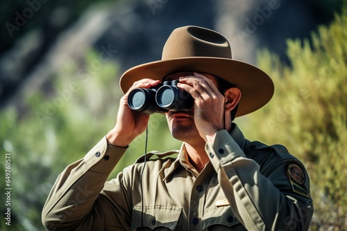 park ranger looking through binoculars