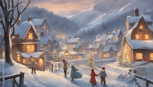 Winter Wonderland: Children Embrace the Festive Season, Building a Snowman with Laughter in a Quaint Village Amidst a Glistening Snowscape