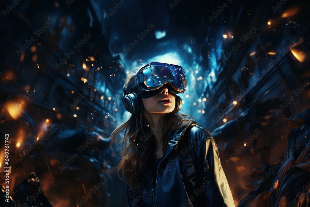 Woman wearing VR headset user, surreal world and virtual reality, Generative AI Woman wearing VR headset user, surreal world and virtual reality, Generative AI