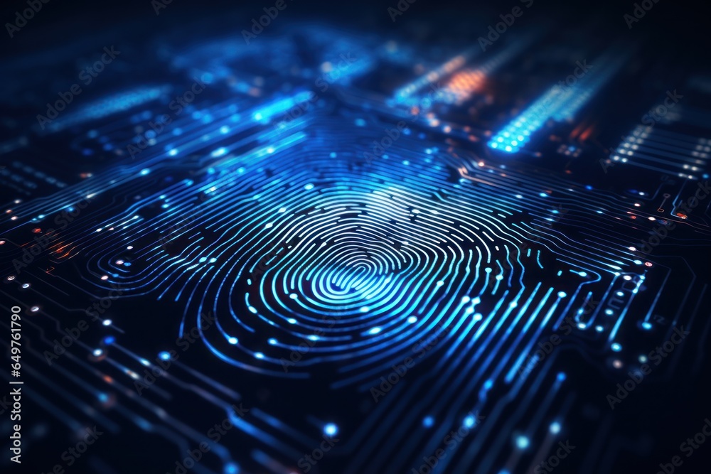 Cropped Image of Fingerprint with Binary Code Pattern Overlay, Technical Background. Generative AI. Cropped Image of Fingerprint with Binary Code Pattern Overlay, Technical Background. Generative AI.