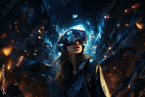 Woman wearing VR headset user, surreal world and virtual reality, Generative AI