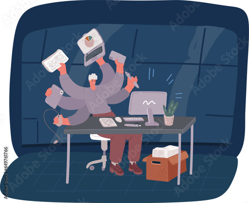 Cartoon vector illustration of Businessman multitasking in office. Man working with differernt tasks. Multitasking. Office setup. e.