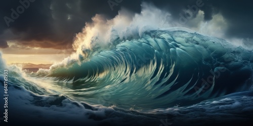 Giant tsunami waves, dark stormy sky. Perfect Storm. Huge waves Tsunami Big waves. Generative AI. © Dusit