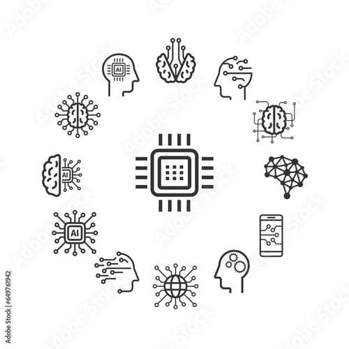 Artificial intelligence line icons. AI technology: internet, solving, algorithm, vector illustration
